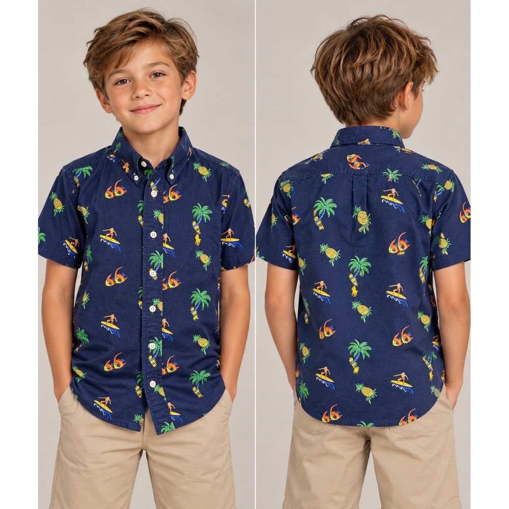 Polo Ralph Lauren Kids Navy Tropical Print Oxford Shirt Surfer Pineapple M 10-12